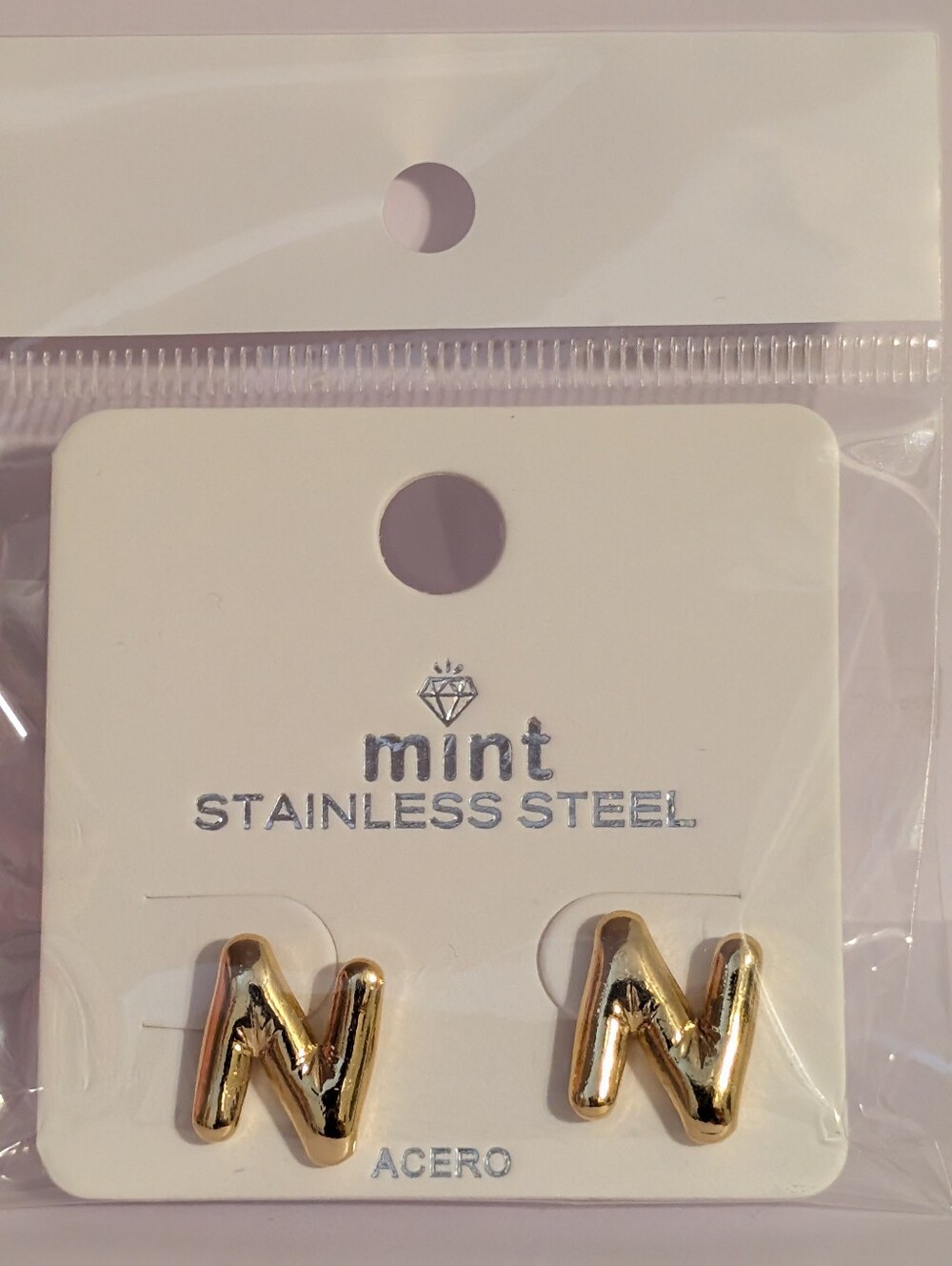 Mint Stainless Steel Gold Letter N Stud Earrings